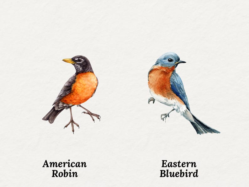 May include: Watercolor illustrations of two birds on a white background. The first bird is an American Robin with an orange breast, black head, and gray wings. The second bird is an Eastern Bluebird with a blue head and wings and an orange breast. Text below each bird identifies the species.