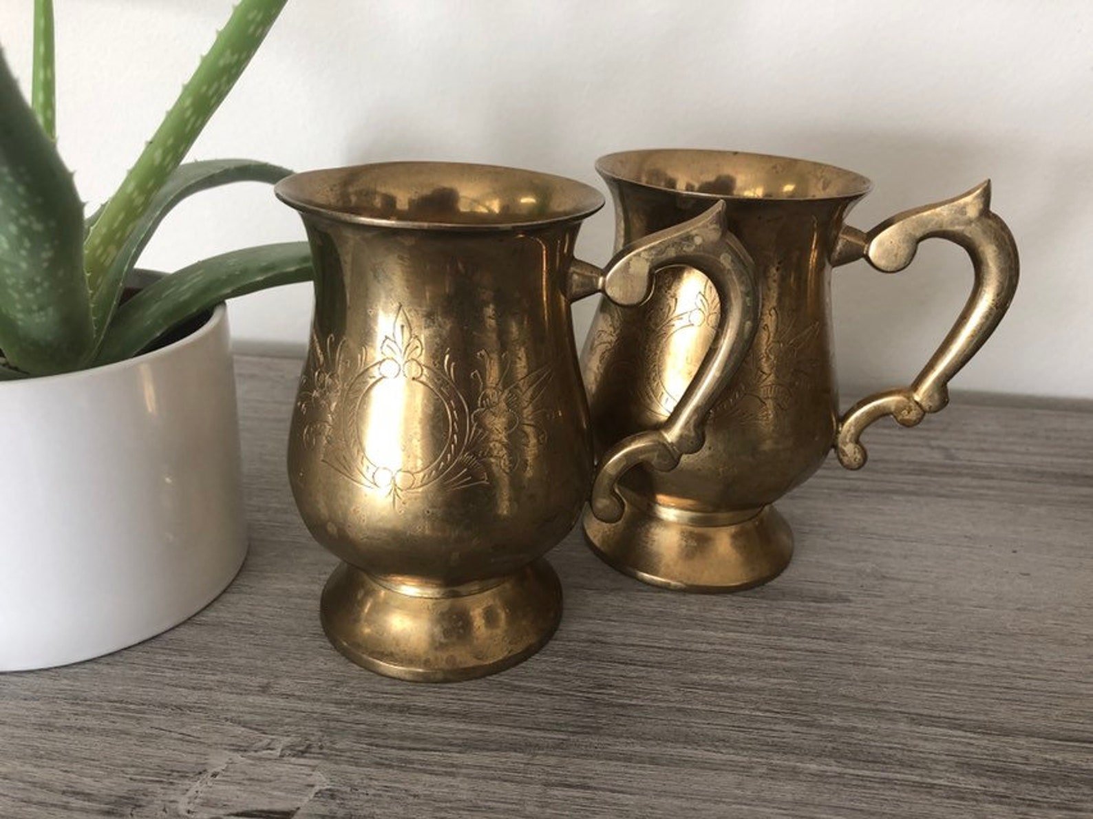 Vintage Brass Mug Set Set of 4 Brass Mugs Footed Brass Etsy