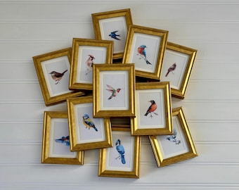 Mini Bird Art Print Framed Songbird Decor Gold Frame Tabletop Bird Watercolor Bird Painting Vintage Style Hostess Gift Small Bird Wall Art