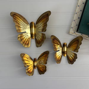Juego de 3 mariposas de latón vintage para pared, diseño de mariposas doradas, tres mariposas decorativas de MCM para guardería, galería dorada, decoración de pared