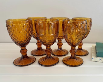 Vintage Amber Goblet Set Mismatched Indian Glass Cup Set of 6 Amber Wine Glasses Golden Retro Drinking Glass MCM Stemmed Glassware for Fall