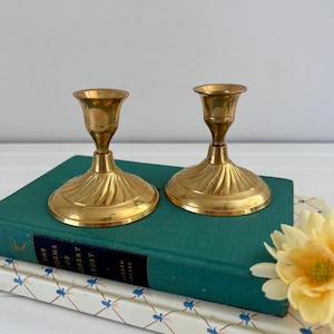 Vintage Brass Candlesticks Gold Candleholders Set of Two Small Tapers Brass Candle Holders Pair of Short Antique Candlestick Mantel Decor