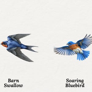 May include: Watercolor illustration of two birds in flight. A Barn Swallow with blue and orange plumage, and a Soaring Bluebird with blue and brown feathers. Text below each bird identifies them.