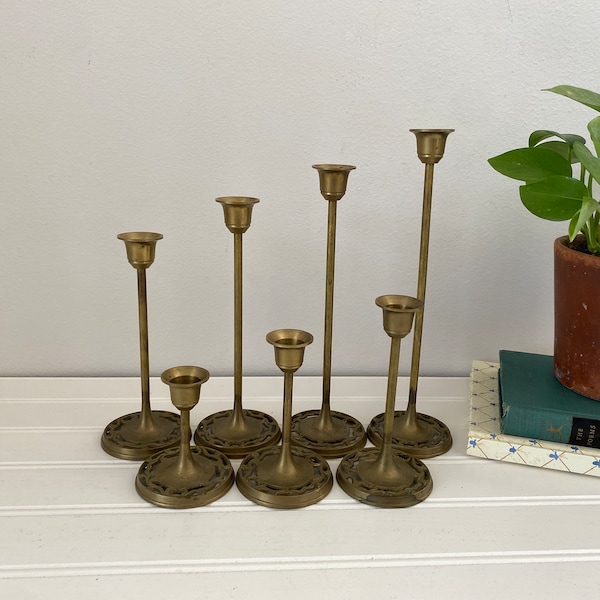 Vintage Brass Graduated Candlesticks | Set of 7 Tulip Candeholders