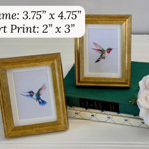May include: Two framed art prints featuring watercolor hummingbirds. The frames are gold-colored, and the art prints are 2" x 3". The frames measure 3.75" x 4.75". One print is upright, and the other is angled. The background includes books and a flower.