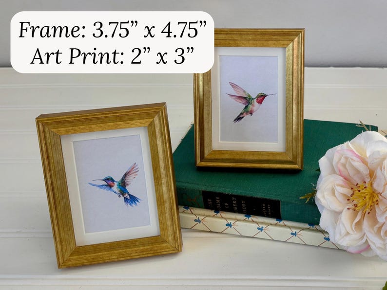 May include: Two framed art prints featuring watercolor hummingbirds. The frames are gold-colored, and the art prints are 2" x 3". The frames measure 3.75" x 4.75". One print is upright, and the other is angled. The background includes books and a flower.