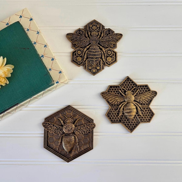 Vintage Style Gold Bee Wall Decor Set of Three Bees for Gallery Wall Accent Plastic Honeycomb Bee Wall Hangings MCM Kitchen Bee Decor Trio