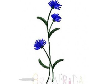 May include: A single stem with three blue flowers and green leaves.