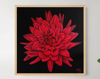 Flower PAINTING on canvas Large Acrylic realistic Red Dahlia Original Home decor Colorful floral handpainted