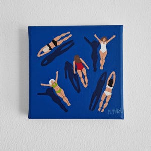 Swimming pool painting, swimming people, small painting, original blue handpainted art, tiny swimmers floating in ocean, best gift idea