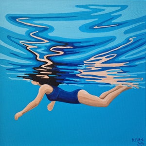 Swimming woman painting, Original big blue handpainted art, swimmer in swimmingpool, diving in ocean