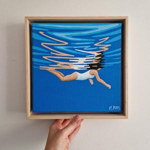 Into the water painting, Original small blue handmade art, swimmer in swimming suite, woman diving ocean, waves, seaside, gift for her