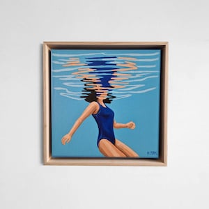 Swimming woman painting, Original small blue handpainted art, swimmer in swimmingpool, diving in ocean