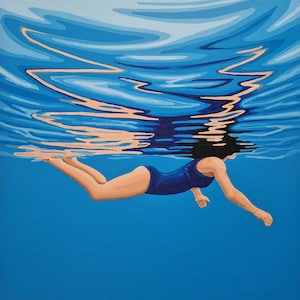 Woman in water painting, Original blue handpainted art, swimmer in blue swimming suite, diving in ocean, waves, underwater acrylic on canvas