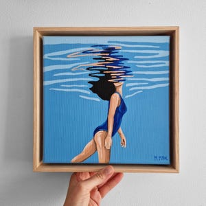 Into the water painting, Original small blue handmade art, swimmer in red swimming suite, woman diving ocean, waves, seaside, gift for her