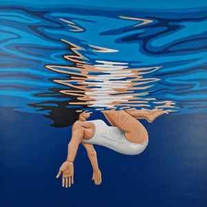 Swimming woman painting, Original big blue handpainted art, swimmer in swimmingpool, diving in ocean