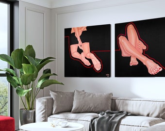 Large painting on canvas, original female body act, women legs and feet painting, black modern home decor