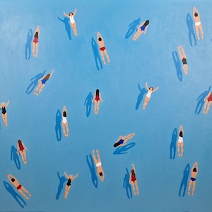 Swimming people painting, Original big blue handpainted art, swimmers in swimmingpool, diving in ocean, modern art