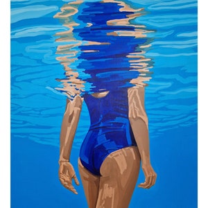 Swimming Painting Print, woman in blue water, from original handpainted swimmingpool art