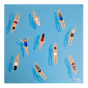 Swimmingpool , swimming girls in water, small painting, original blue handpainted art, woman diving in ocean