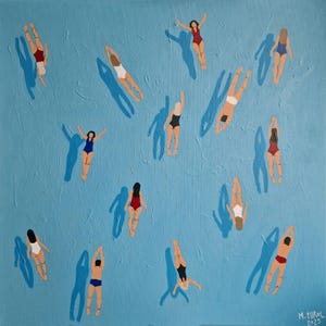 Swimming people in swimmingpool, Original big blue handpainted art, swimmers in water, diving in ocean, modern art