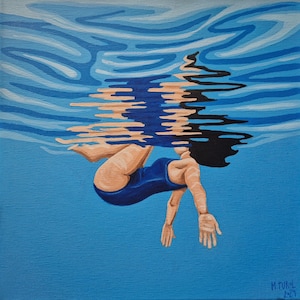 Swimmer woman painting, Original blue handpainted art, girl in water, diving in ocean, gift for swimming lover