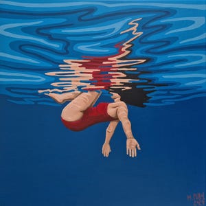 Woman in water painting, Original big blue handpainted art, swimmer in swimmingpool, diving in ocean, red swimming suite, waves, seaside