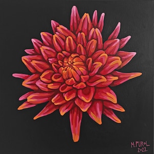Flower PAINTING on canvas Acrylic realistic Red Dahlia Original Home decor vivid Colorful floral handpainted artwork, mum&#39;s day gift