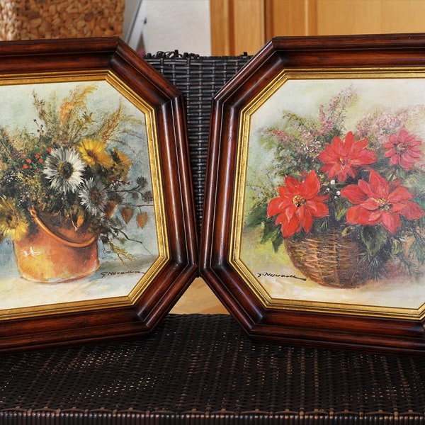 2 peintures de fleurs dans de vieux cadres en bois automne et hiver par G.Neswadba automne et hiver 1941