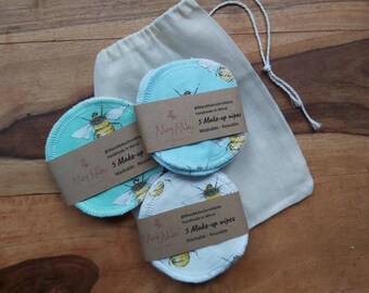 Reusable Cotton Makeup Wipes Face Rounds in Bee print, pack of 5. Zero waste eco friendly. Optional laundry bag
