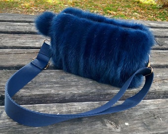 blauwe bonttas, Cross Mink Fur handtas, Mink Fur handtas, handgemaakte bonttas, kleine blauwe nertsenbont luxe tas