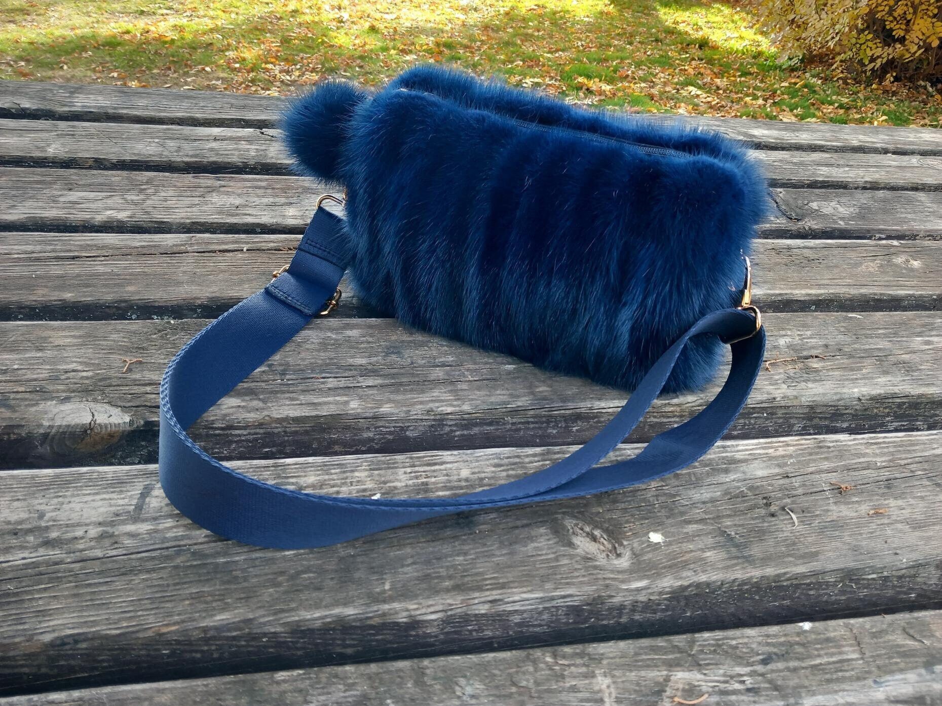 Real Mink Fur Bag – Blue Genuine Mink Fur Clutch With Strap  display picture 1