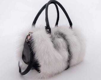 White  Fur Handbag with Black Leather Details