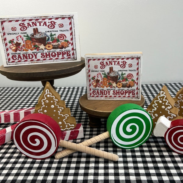 SANTAS CANDY SHOPPE Sign, Candy Pieces, and Lollipops | Tiered Tray Décor | Farmhouse | Christmas | Fireplace Mantle | Holiday Decoration |