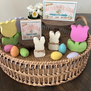BUNNY, Bunny Trail SIGN and EGGS | Wooden Block | Tiered Tray Decor | Farmhouse | Spring | Vintage | Basket Filler | Kids | Entry Table