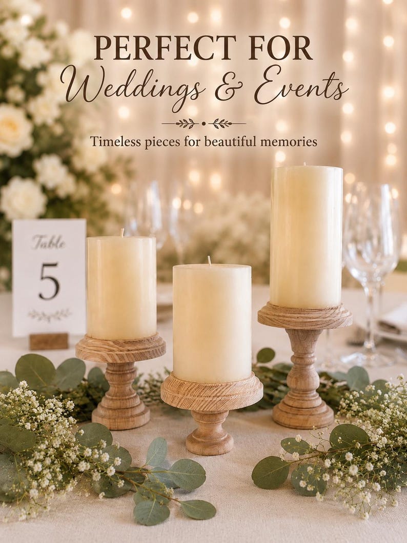 Wood Candle Holder Set | Farmhouse Pedestal Candle Risers | Rustic Pillar Candle Stands | Wedding Centerpiece Decor | Handmade image 12