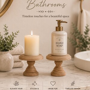 May include: A bathroom countertop scene featuring a lit candle and a hand soap dispenser on wooden pedestals. The soap bottle has a gold pump and a label that reads "Hand Soap Eucalyptus & Sage". The text "Perfect for Bathrooms" is at the top.