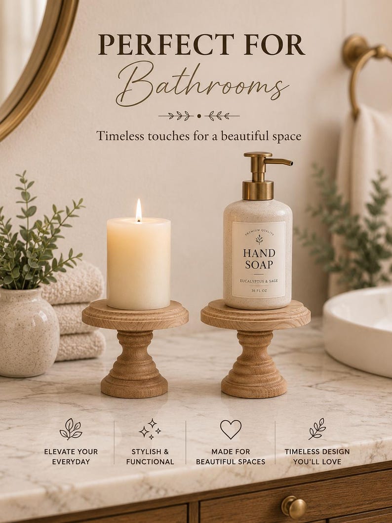 May include: A bathroom countertop scene featuring a lit candle and a hand soap dispenser on wooden pedestals. The soap bottle has a gold pump and a label that reads "Hand Soap Eucalyptus & Sage". The text "Perfect for Bathrooms" is at the top.