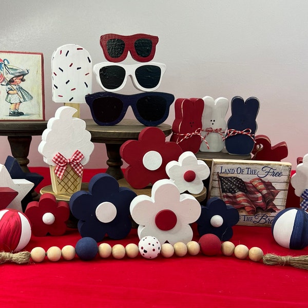 FOURTH of JULY DECOR | Wooden | Patriotic | Tiered Tray Decor | Signs | Shelf Sitters | Red, White, and Blue | Coffee Bar | Kitchen Table