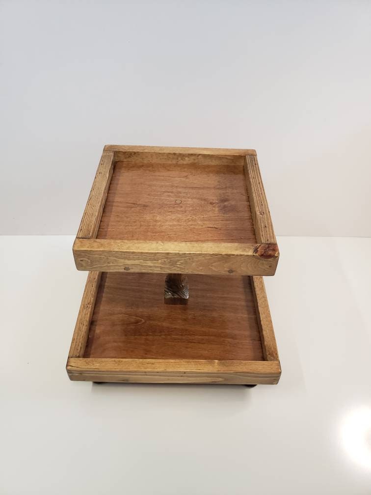 Wood Two Tiered Tray Square Farmhouse Centerpiece Etsy