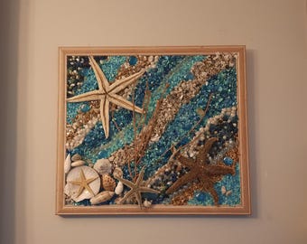 UNDER SEA wall Art | weathered gray wood  Framed Sea Shell Summer Decor | Crushed Shells | Starfish | Ocean Art |Beach House Decor