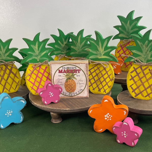 PINEAPPLE, TROPICAL FLOWER, and Sign | Summer | Hawaiian | Beach Decor | Tiered Tray | Luau | Hibiscus | Shelf Sitter | Bowl Filler | Rustic