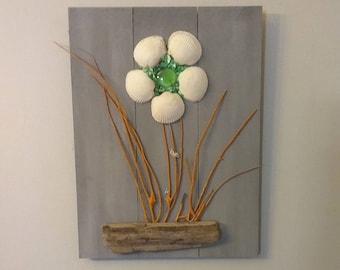 Sea Shell Flower Art | Ship-Lap Wood Sea Shell Summer Decor | Shell Wall Art | Ocean | Beach House Decor | Summer Sign | Beach