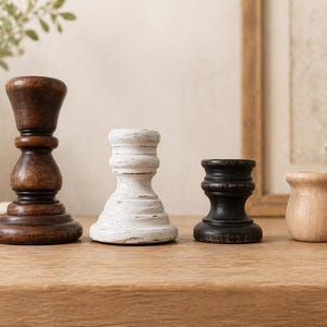 Peut inclure: Quatre bougeoirs en bois de diff&eacute;rentes formes et couleurs. Le plus grand est brun fonc&eacute;, suivi d'un blanc vieilli, d'un noir et d'un support en bois naturel. Ils sont dispos&eacute;s sur une surface en bois.