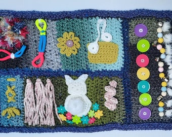 Bunny Crochet Fidget Blanket | washable  l Sensory Lap Blanket for Adults | Busy Blanket for Alzheimers Patients | Dementia | Brain Injury