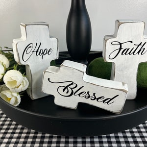 WHITEWASHED Wooden Cross | Tiered Tray Decor | Shelf Sitter | Graduation Gift | Baptism | Farmhouse | Christian | Faith, Hope, Blessed