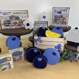 May include: A collection of wooden signs and decorations with a blueberry theme. The signs feature images of blueberries, lemon slices, and cupcakes. The decorations include a wooden crate, a cupcake, and a flower.