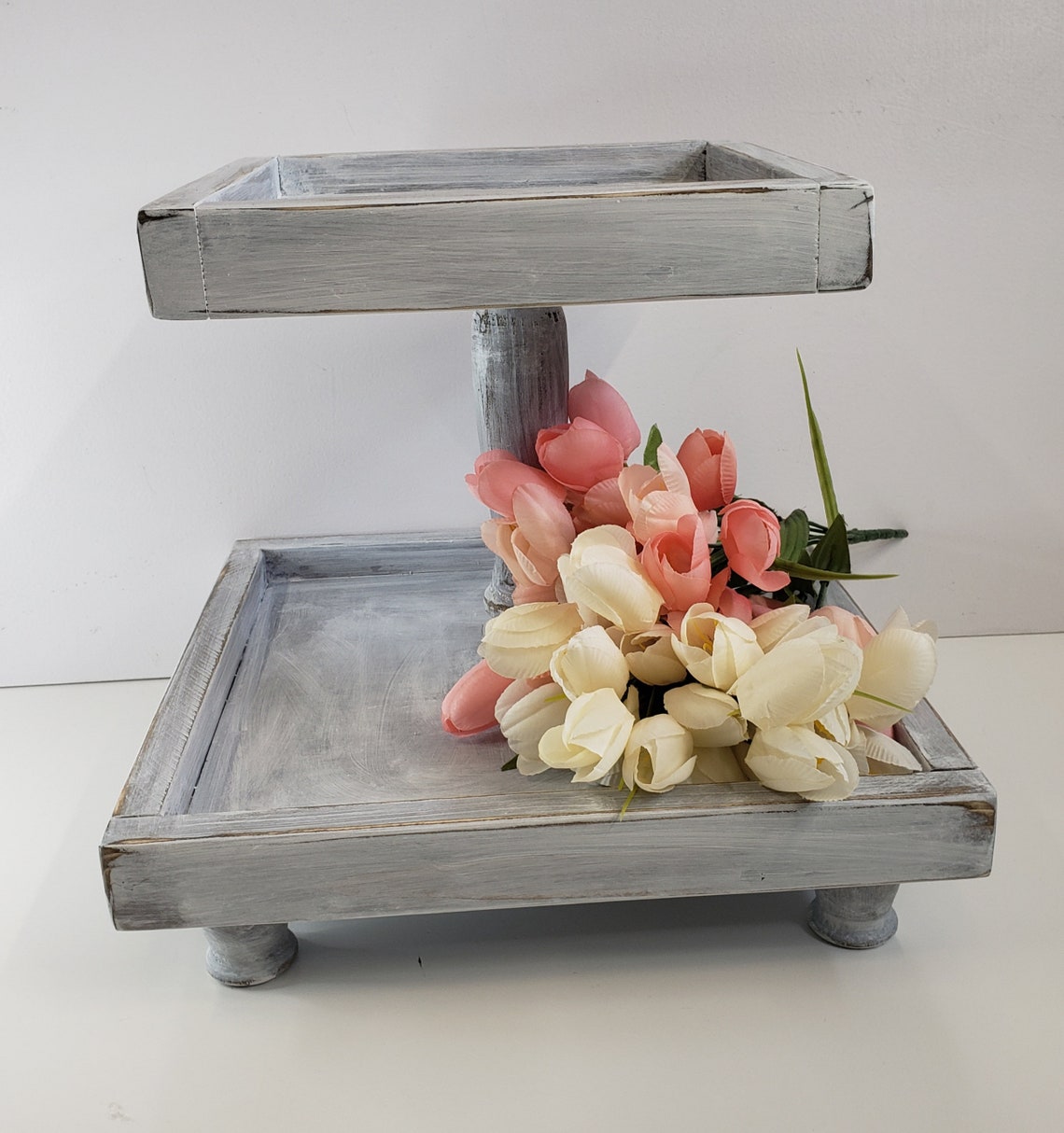 Madera Bandeja de dos niveles / Cuadrado / Casa de campo / | Etsy