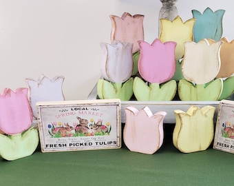 TULIPS and BLOOMS for SPRING | Wooden | Tiered Tray Decor | Farmhouse | Easter | Primitive | Wood Flower | Vintage Signs | Basket Filler  |