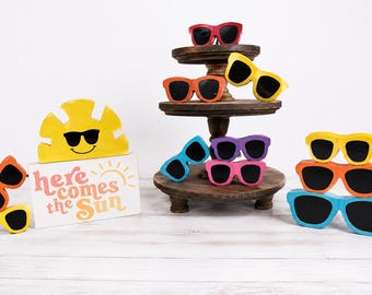 SUNGLASSES, SUN and SUMMER Signs | Wooden | Tiered Tray Decor | Farmhouse | Beach | Shelf Sitter | Ocean | Bowl Filler | Sunshine | Pool
